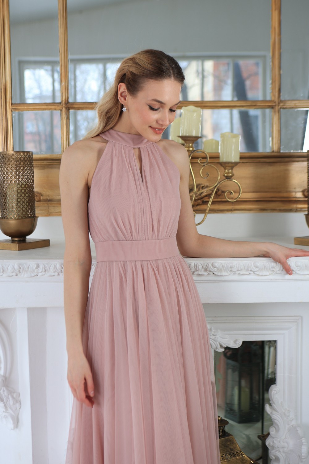 Платье макси с американской проймой из фатина (Нюдово-розовое)   - фото